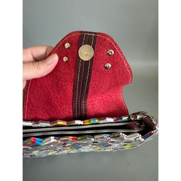 Nahui Ollin Shoulder Bag Candy Wrapper Recycled Paper Leather Trim Handmade Y2K - Picture 4 of 9